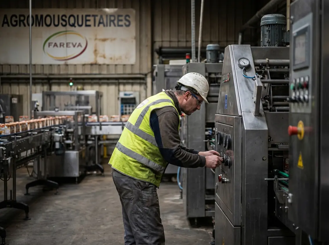 Agroalimentaire & Industrie : Les métiers en tension chez Agromousquetaires et Fareva - Illustration Intérieur d’un atelier industriel, machines en fonctionnement avec un opérateur concentré en tenue de sécurité, ambiance sombre et réaliste