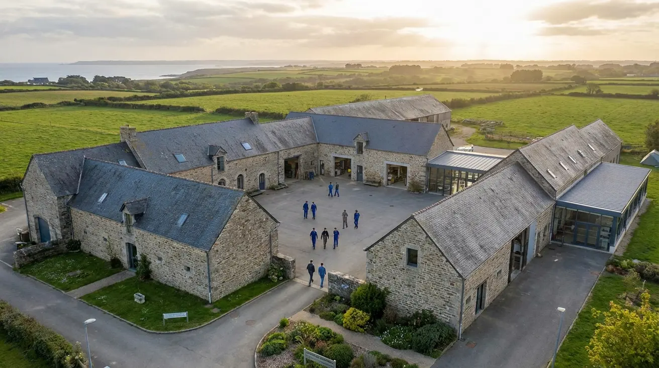 Vue aérienne d’un centre de formation en Bretagne avec une lumière douce, représentant une enfance de parcours d’apprentissage
