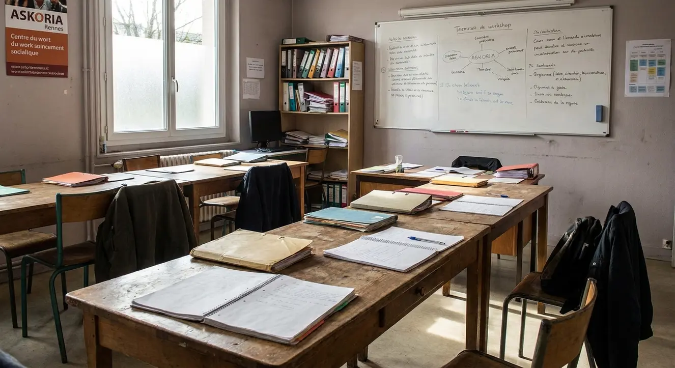 Intérieur d’une salle d’atelier avec dossiers éparpillés et ambiance un peu usée, lumière naturelle tamisée