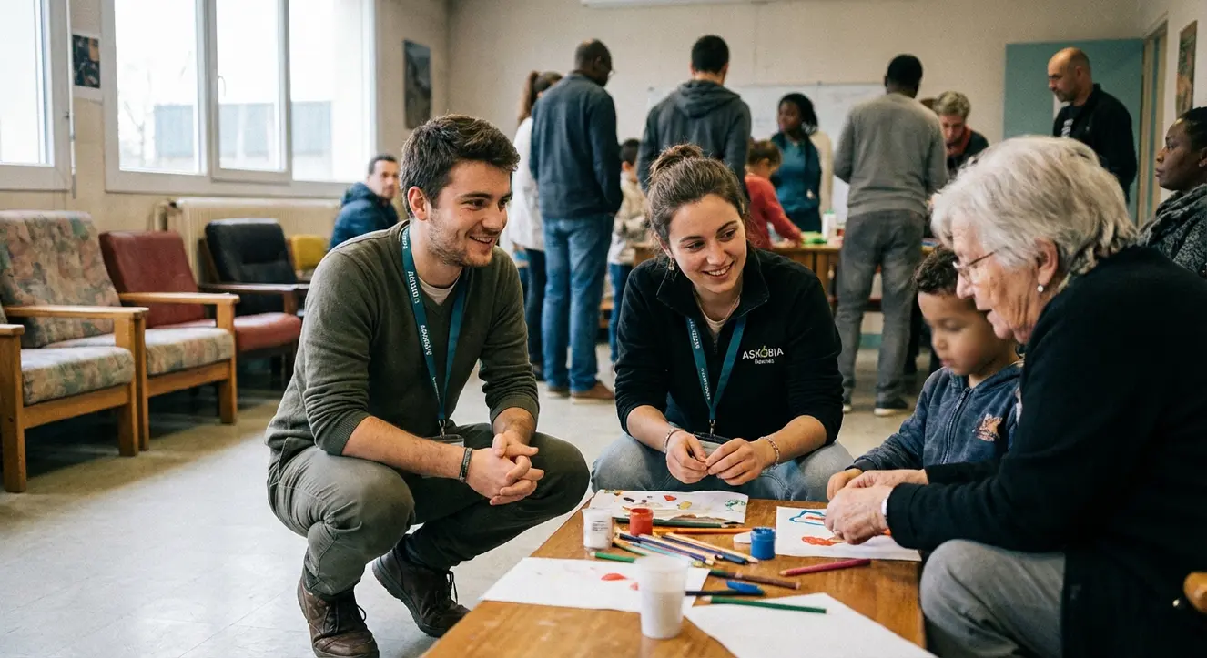 Étudiants en formation sociale en situation de stage pratique, ambiance réaliste, interaction terrain