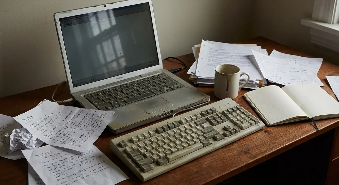 Gros plan sur un bureau en fin de journée avec un ordinateur portable ancien, un clavier usé, et des notes éparpillées, ambiance réaliste et laborieuse