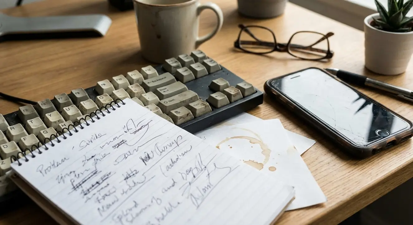 Vue rapprochée sur des notes manuscrites mêlées à un clavier d’ordinateur et un smartphone, ambiance de travail quotidien réaliste