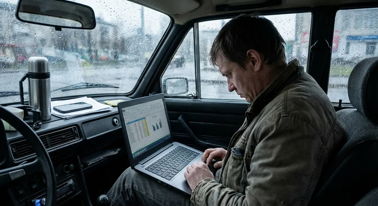 Scène réaliste d’un conducteur concentré sur son ordinateur portable dans une voiture, avec pluie fine sur les vitres, ambiance grise et mélancolique