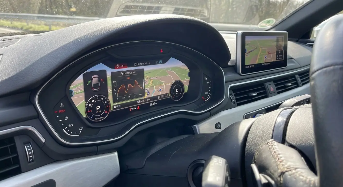 Barème Kilométrique 2026 : Tableau Officiel, Calcul et Simulateur - Illustration Détail d’un tableau de bord automobile moderne avec affichages numériques, illustrant la complexité technique des véhicules actuels