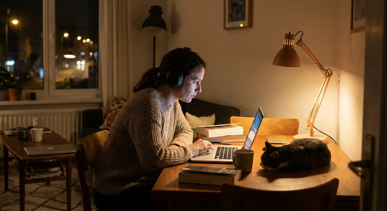 Une personne travaillant tard le soir sur son ordinateur portable, casque sur les oreilles, plongée dans un environnement domestique paisible
