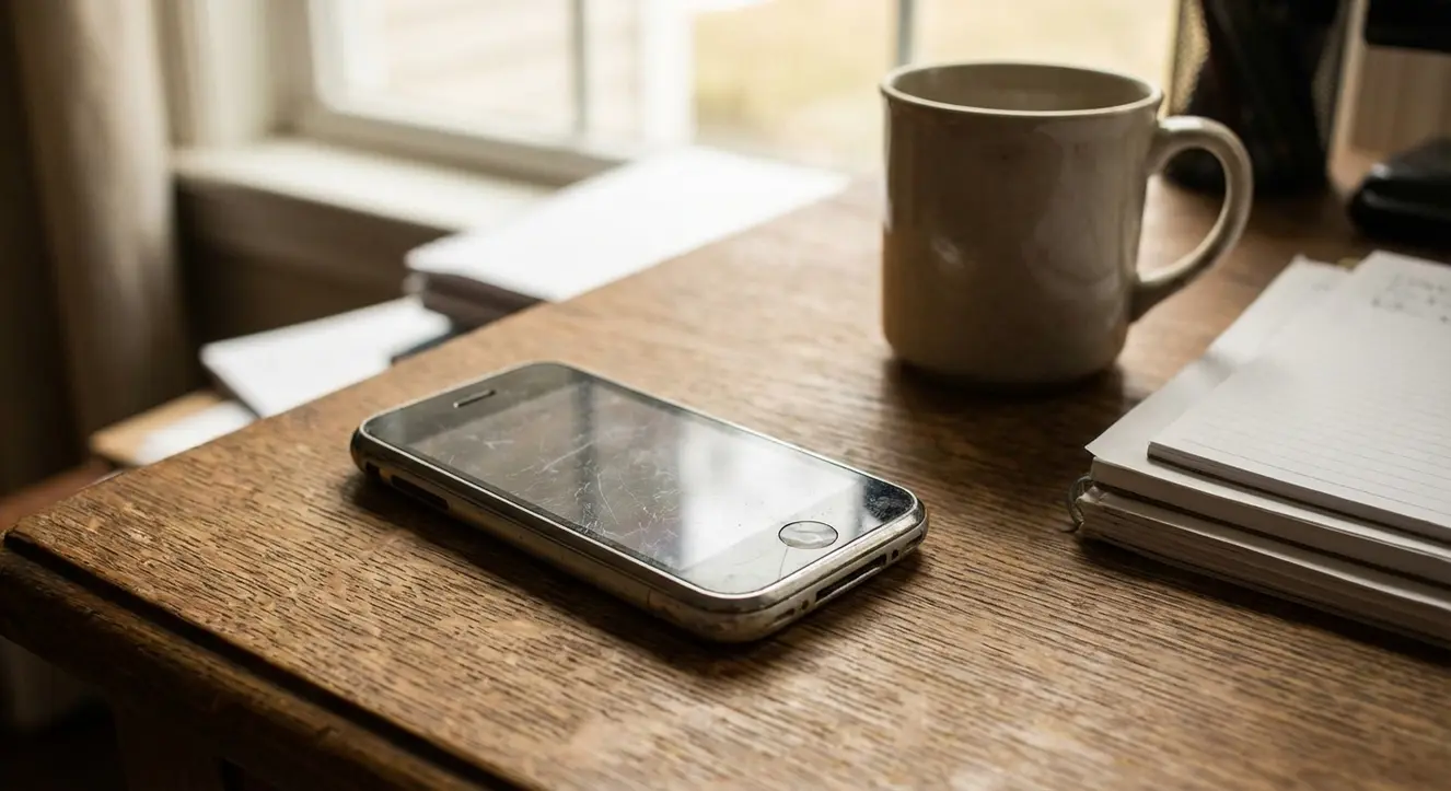 Un smartphone vintage posé sur un bureau en bois, le bouton tactile usé montrant ses traces d’usage, ambiance chaleureuse tamisée évoquant une scène d’un bureau à domicile