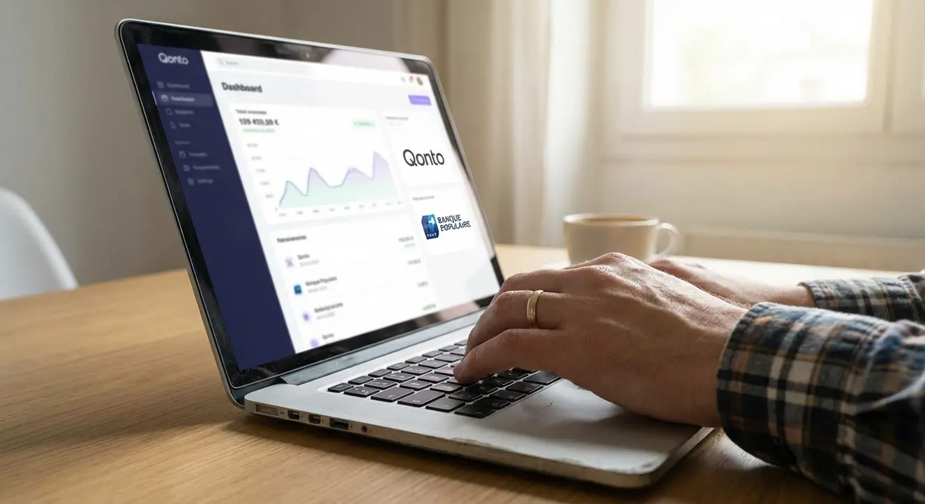 Gros plan sur une main d’entrepreneur sur un clavier d’ordinateur avec une interface bancaire ouverte, ambiance sobre mais professionnelle, lumière naturelle matinale