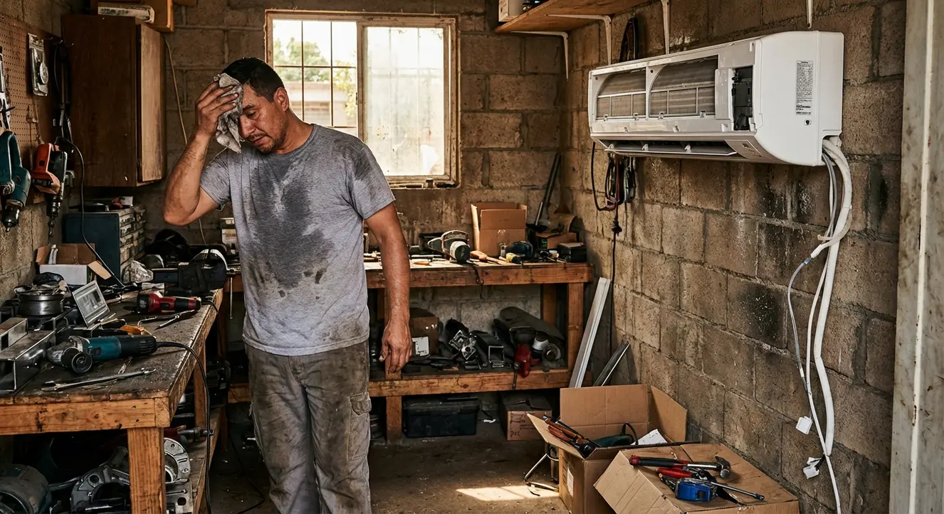 Atelier modeste avec un ouvrier en tee-shirt transpirant, au milieu d’outils et d’un mur où une unité de climatisation est partiellement installée
