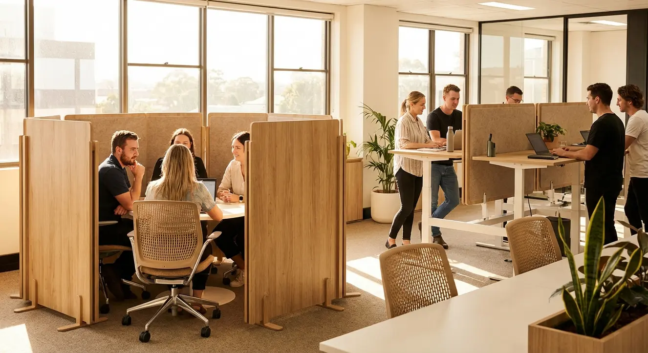 Un bureau en open space animé avec des cloisons amovibles en bois clair, ambiance lumineuse naturelle