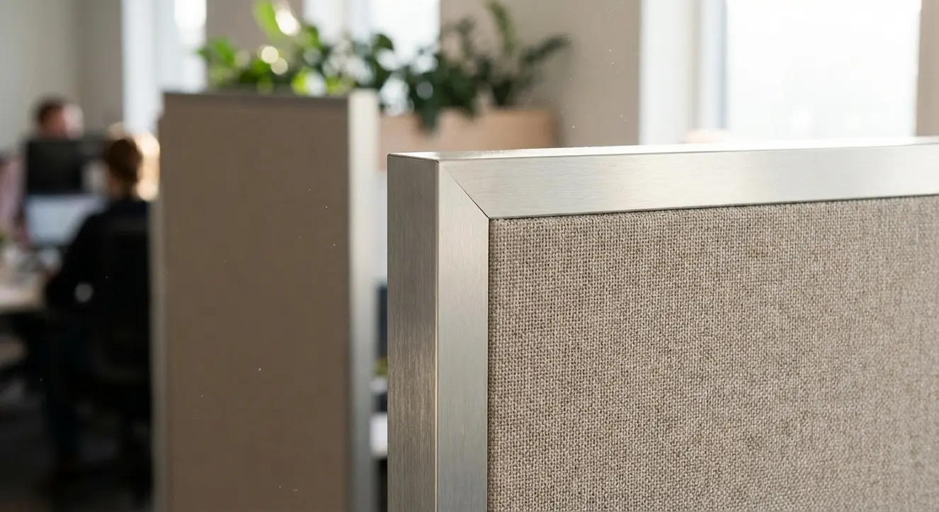 Détail en gros plan sur une cloison amovible avec éléments en aluminium et panneaux acoustiques, lumière naturelle