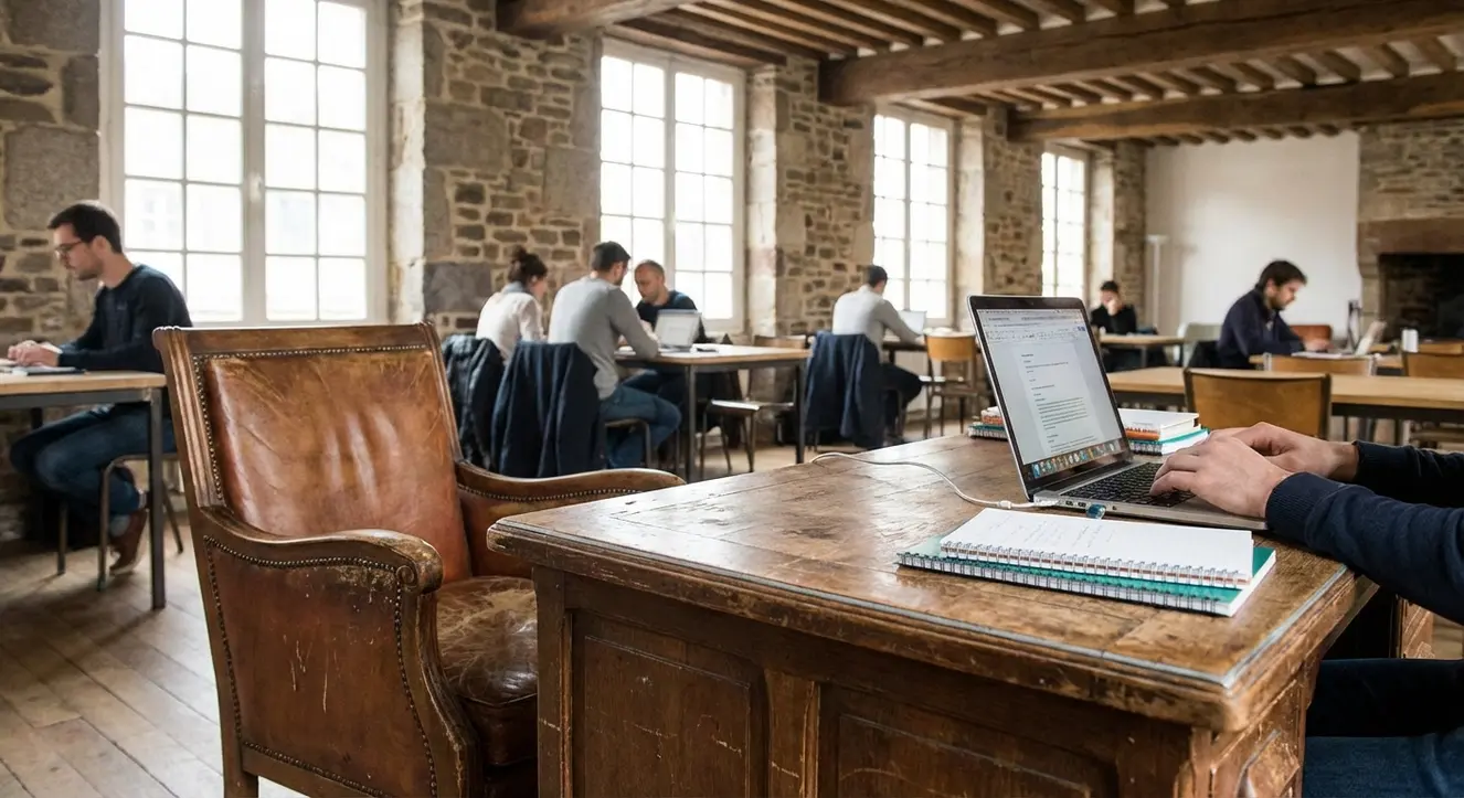 Coin coworking simple avec meubles usés, ordinateur portable branché, lumière naturelle douce
