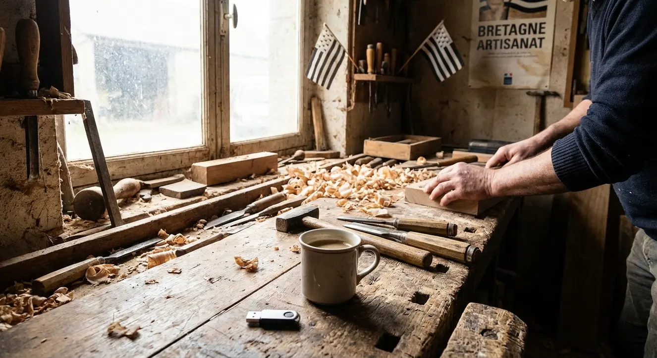 Atelier d'artisan breton, ambiance de travail manuel avec une tasse de café posée à côté d’outils et une clé USB débranchée sur un établi en bois