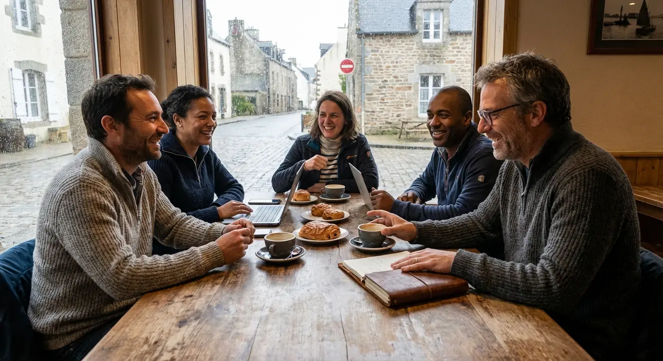 Scène animée d’entrepreneurs bretons en réunion informelle dans un café, échangeant des conseils pratiques autour d’un carnet de notes et d’ordinateurs portables