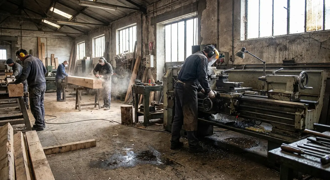 Emploi : Les 5 secteurs qui recrutent le plus dans le Pays de Vitré en 2025 - Illustration Atelier industriel avec des employés en train de travailler manuellement, huile, poussière de bois, ambiance de chantier