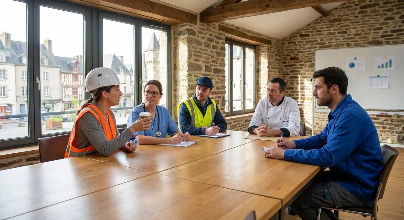 Emploi : Les 5 secteurs qui recrutent le plus dans le Pays de Vitré en 2025 - Illustration Table ronde de salariés en tenue de travail, échange dynamique dans une ambiance réaliste d’entreprise locale