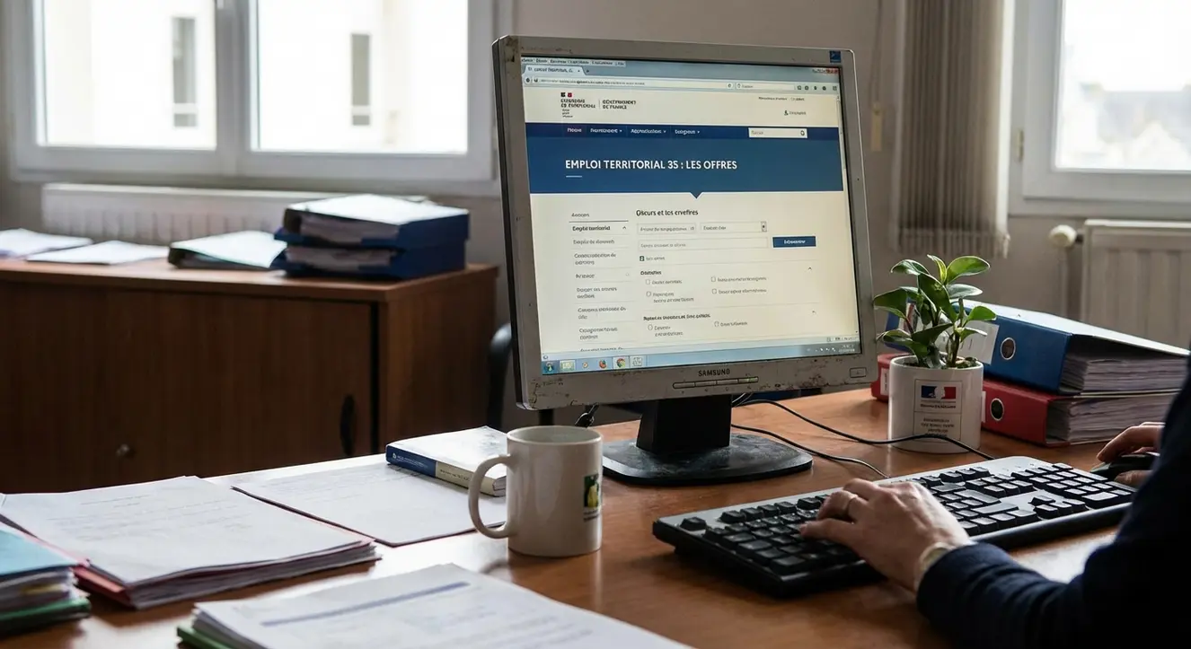 Bureau d’agent public avec un ordinateur affichant un site officiel d’offres d’emploi, ambiance studieuse et réaliste