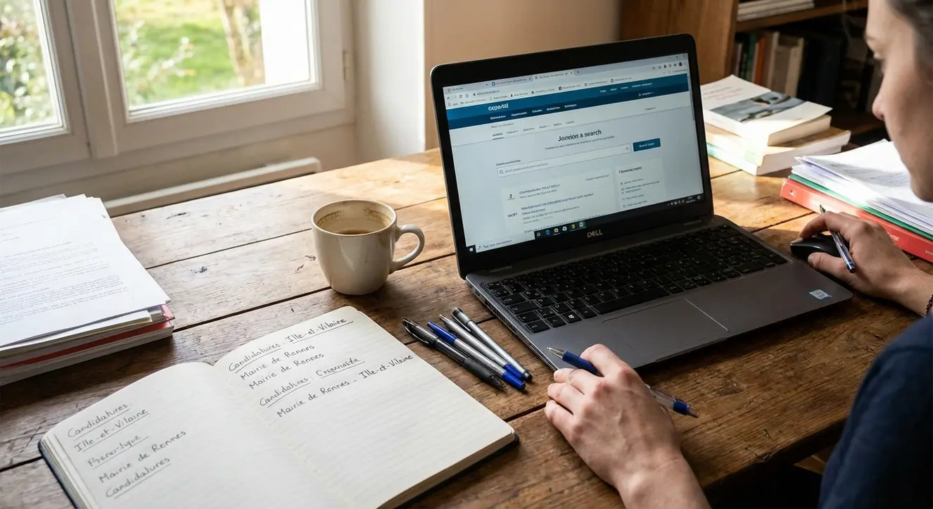 Plan de travail minimaliste avec un carnet de suivi des candidatures, stylos et ordinateur portable, ambiance studieuse et dynamique