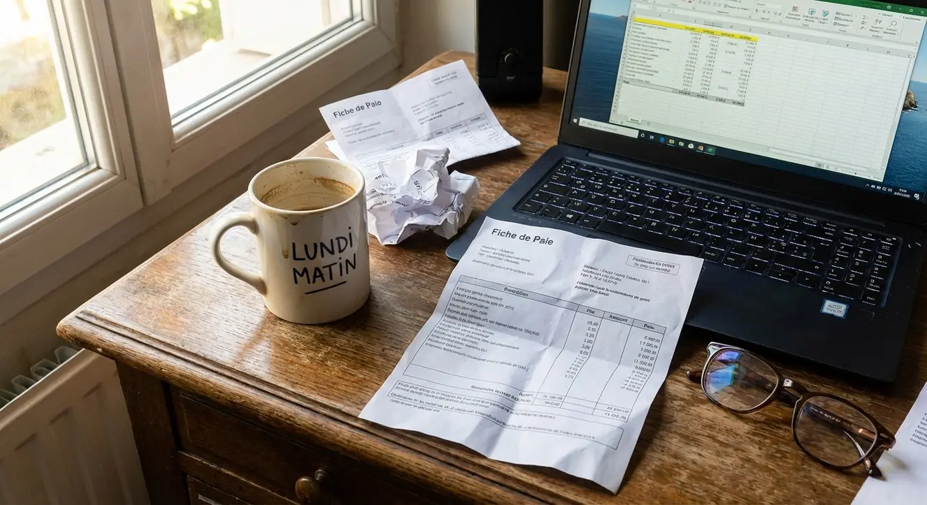 Un bureau de travail avec des feuilles de paie éparpillées, une tasse de café usée sur le côté et un clavier d’ordinateur sous tension, ambiance réaliste et un peu chaotique