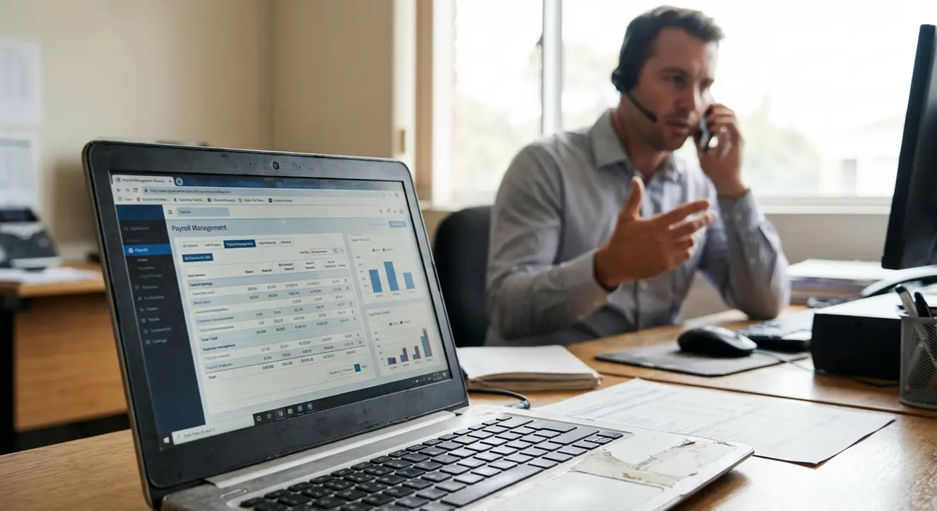 Gros plan sur un écran d’ordinateur affichant un logiciel de paie, avec un technicien au téléphone en arrière-plan, ambiance sérieuse et professionnelle