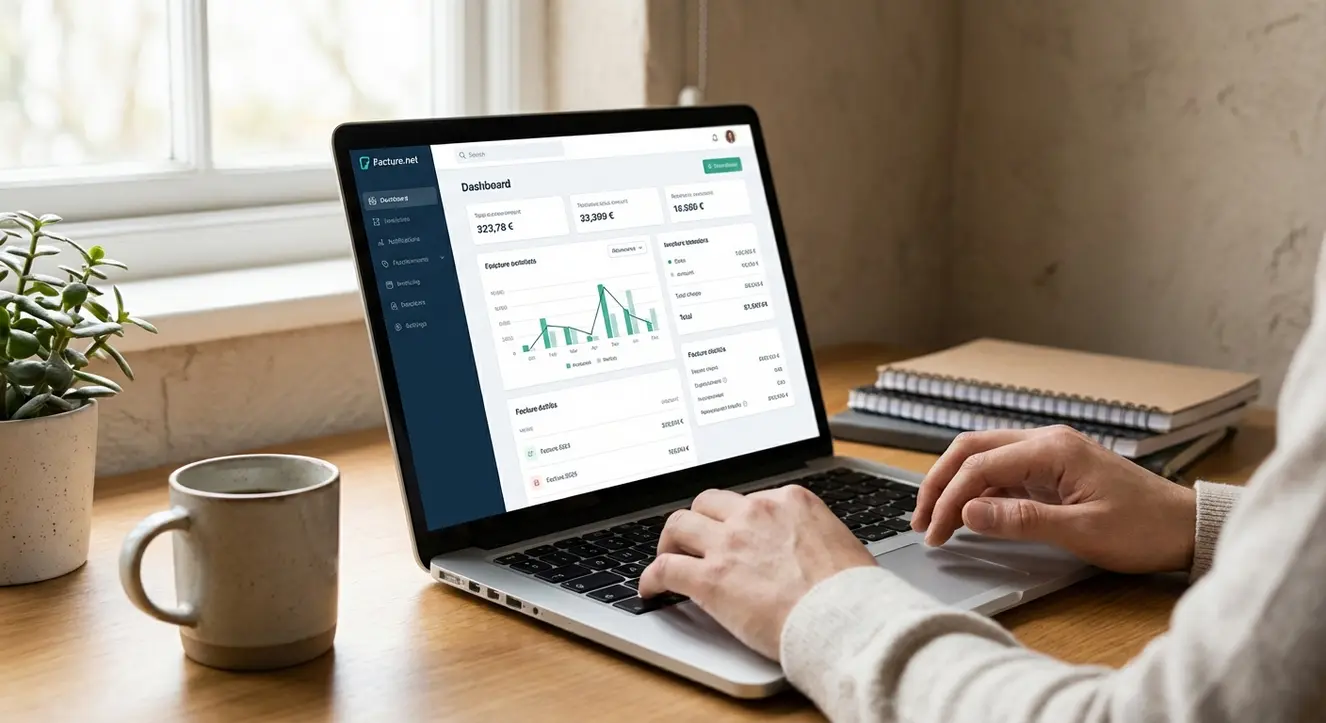 Un bureau simple avec un ordinateur portable ouvert sur une interface de facturation, ambiance naturelle et concentrée