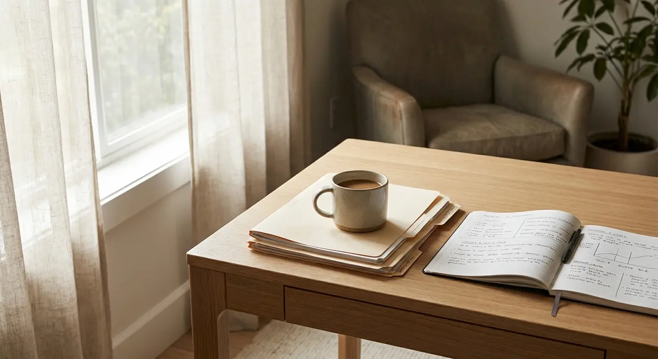 Ambiance d’une salle sobre avec un bureau en bois clair, un café posé sur une pile de documents et une fenêtre laissant entrer une lumière douce