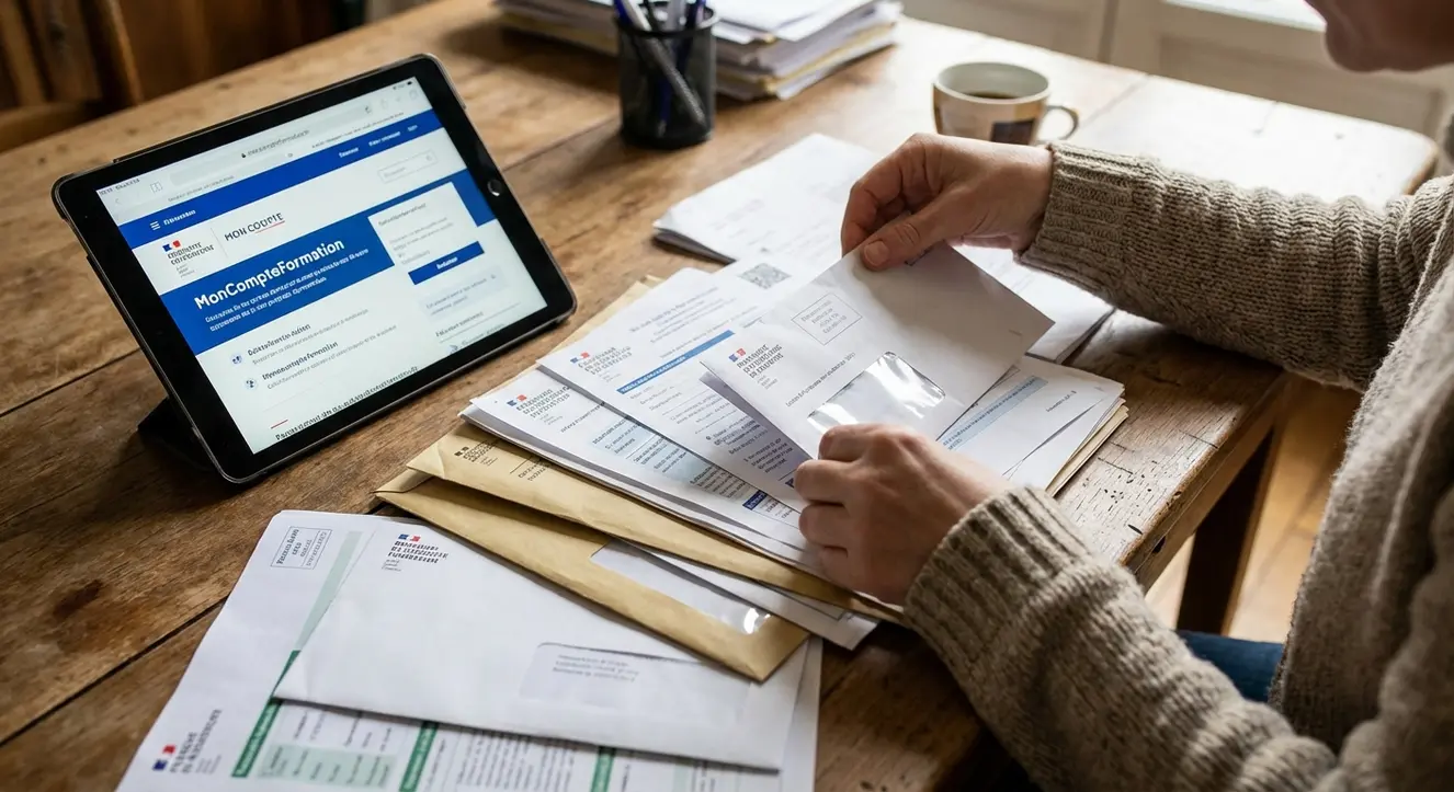Gros plan sur des mains en train de trier des papiers administratifs et une tablette affichant le site MonCompteFormation