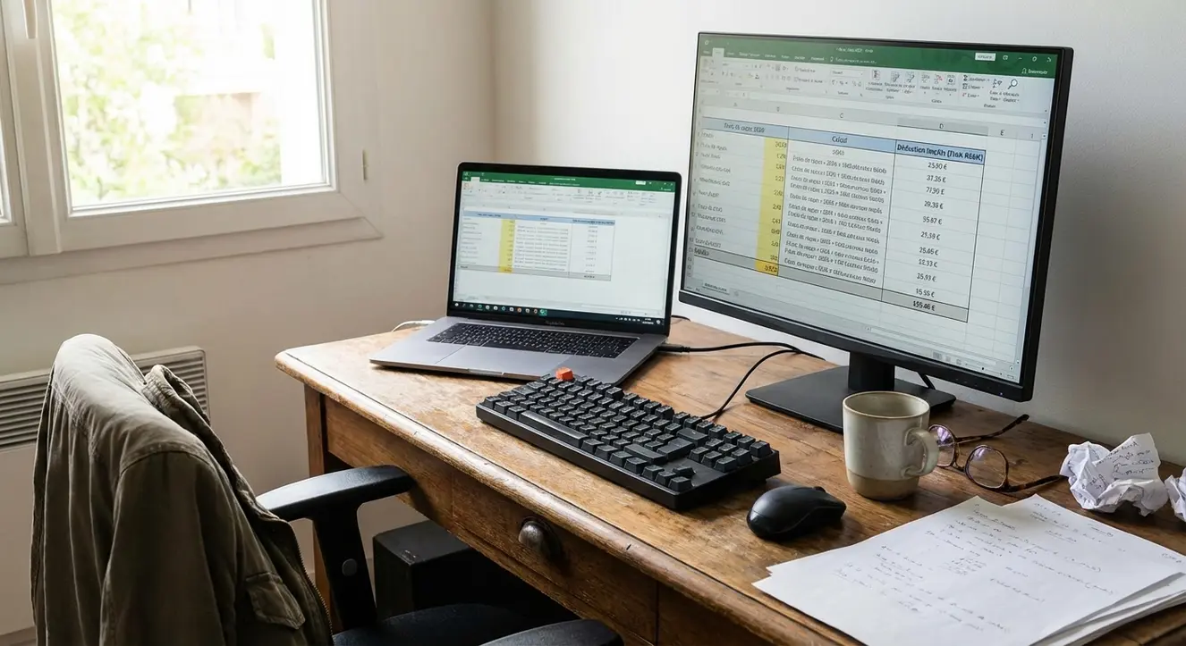 Frais de repas 2026 : Barème, Calcul et Déduction Impôts (Frais Réels) - Illustration Un bureau avec un clavier et un écran affichant un tableau de calcul fiscal