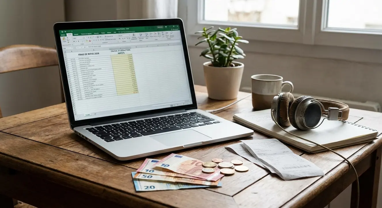 Frais de repas 2026 : Barème, Calcul et Déduction Impôts (Frais Réels) - Illustration Bureau freelance organisé avec billets, casque audio, ordinateur portable sur un tableau Excel