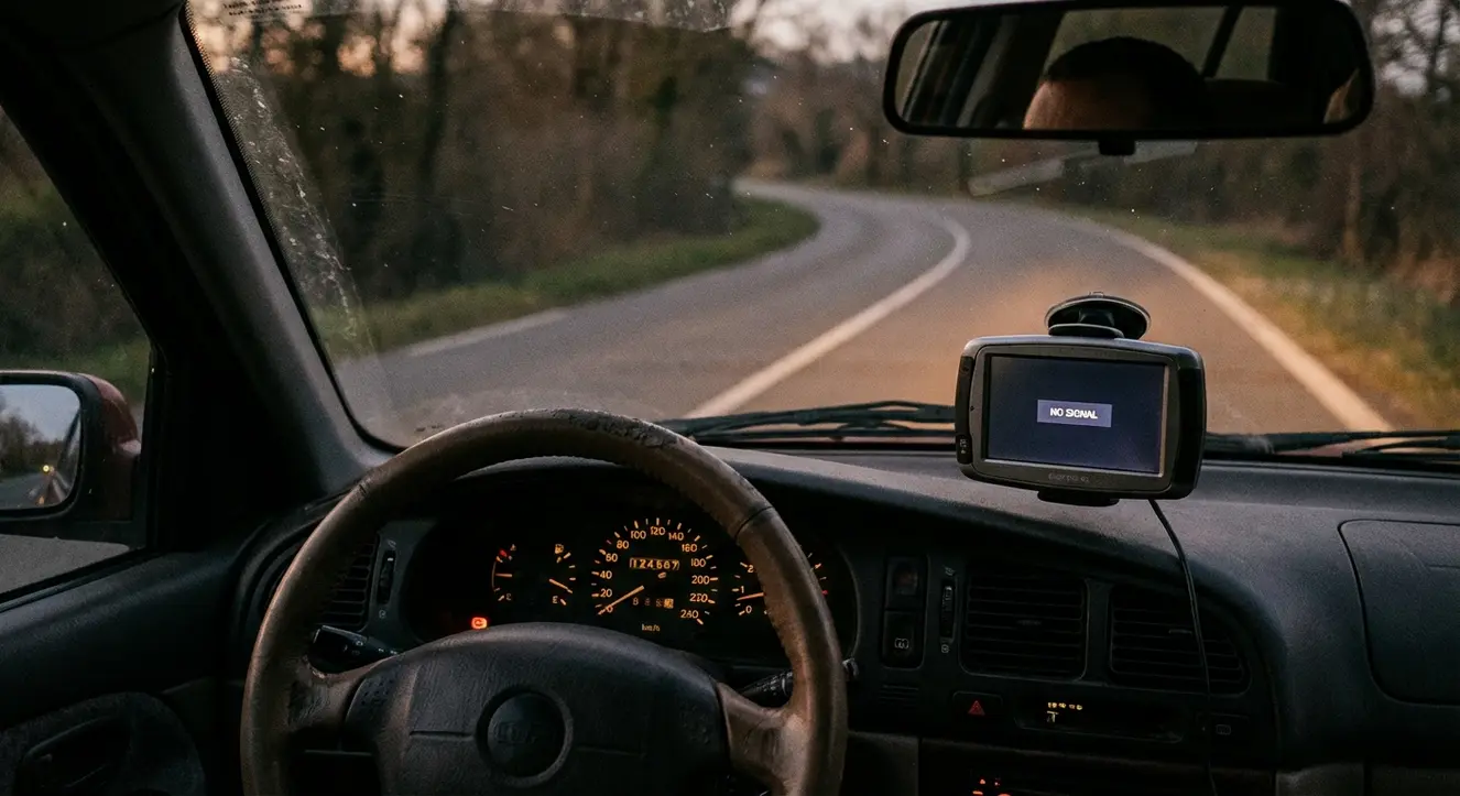 Intérieur d’une voiture en conduite, compteur kilométrique visible, tableau de bord avec GPS ancien en panne, ambiance crépusculaire sur une route de campagne
