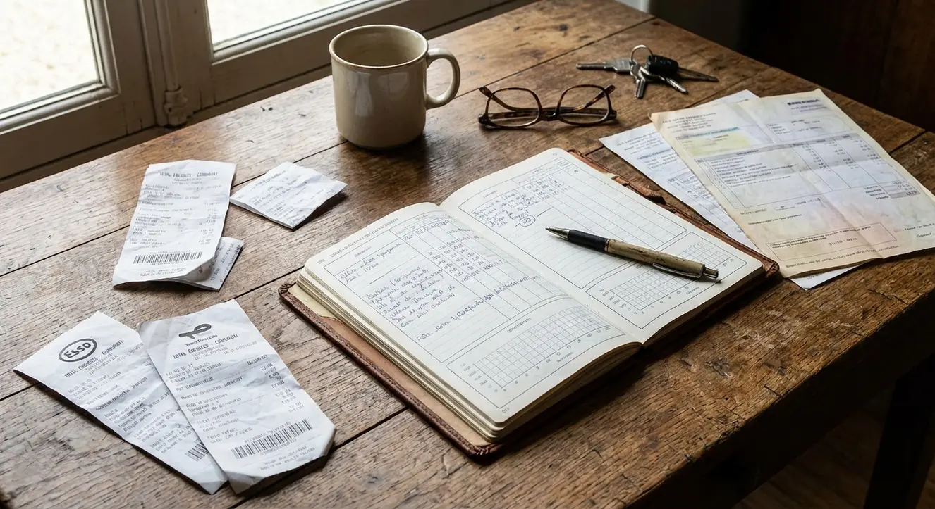 Carnet de bord ouvert avec stylo, tickets de carburant et factures d’entretien éparpillés sur un bureau en bois rustique