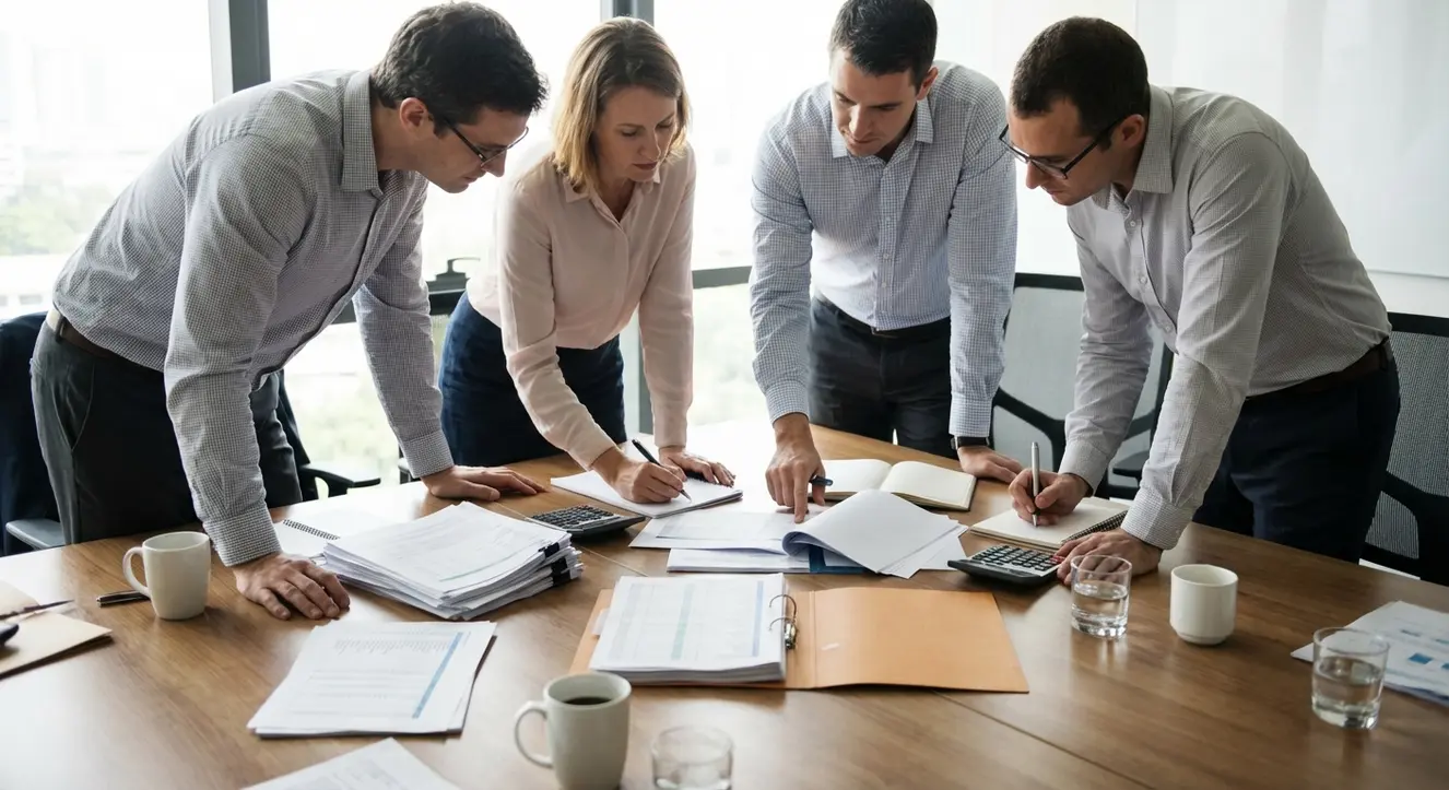 Une salle de réunion en entreprise avec des documents financiers étalés sur une table, ambiance concentrée, lumière naturelle