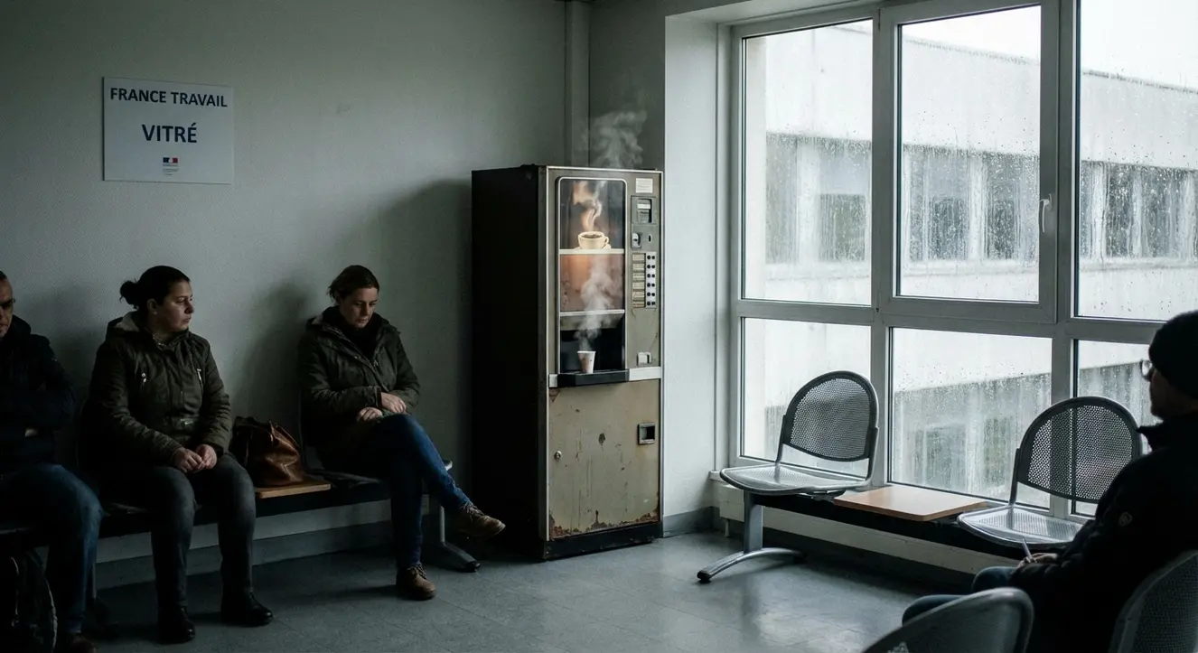 Atmosphère d’attente dans une salle d’accueil sobre avec une machine à café ancienne fumant dans un coin, lumière grise du matin pluvieux
