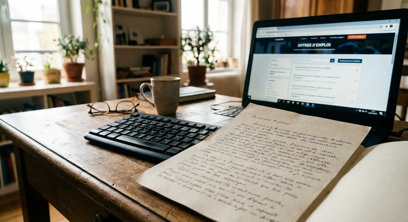 Bureau simple avec un clavier, une lettre manuscrite posée à côté d’un écran affichant une page d’offre d’emploi