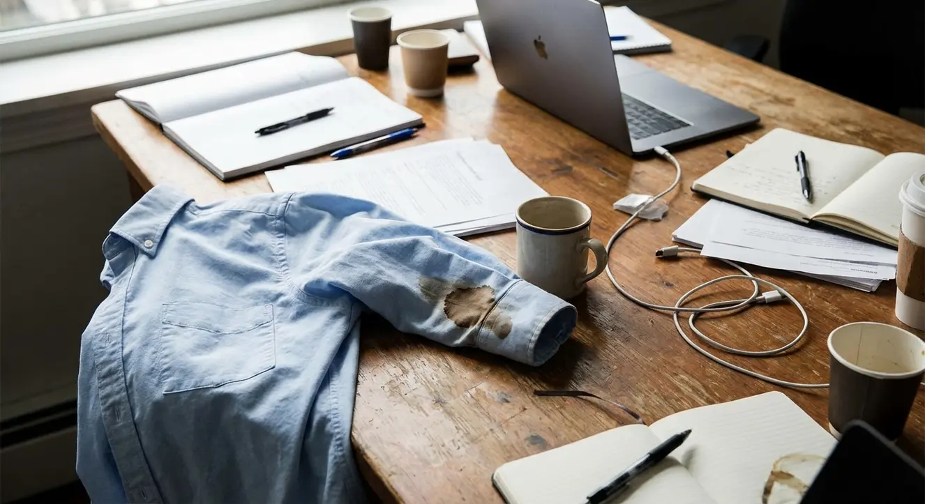 Gros plan d’une chemise tachée de café sur un bureau encombré, ambiance réaliste et travailleur