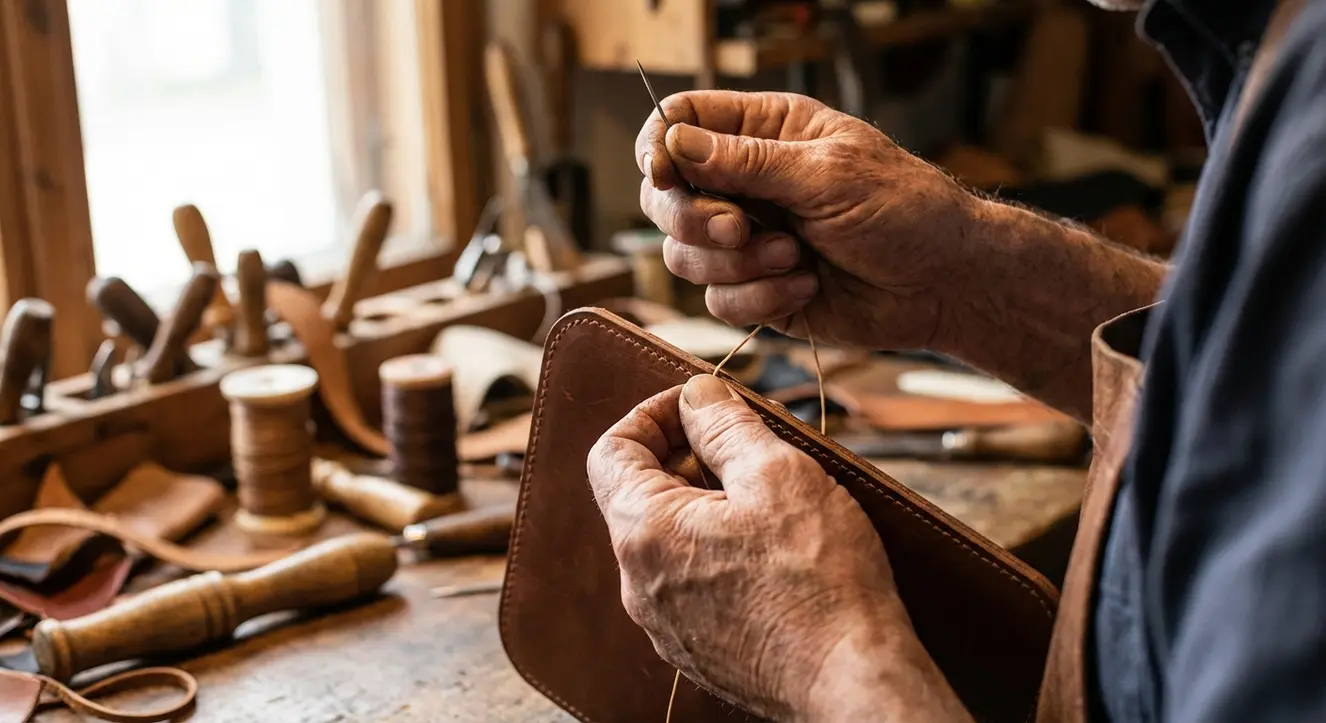 Gros plan sur des mains d’artisan en train de coudre un cuir à la main, ambiance atelier traditionnel