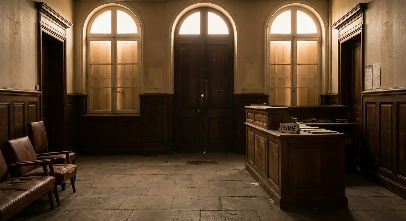 Intérieur d’une vieille mairie avec un hall d’accueil désert, lumière tamisée, ambiance un peu poussiéreuse