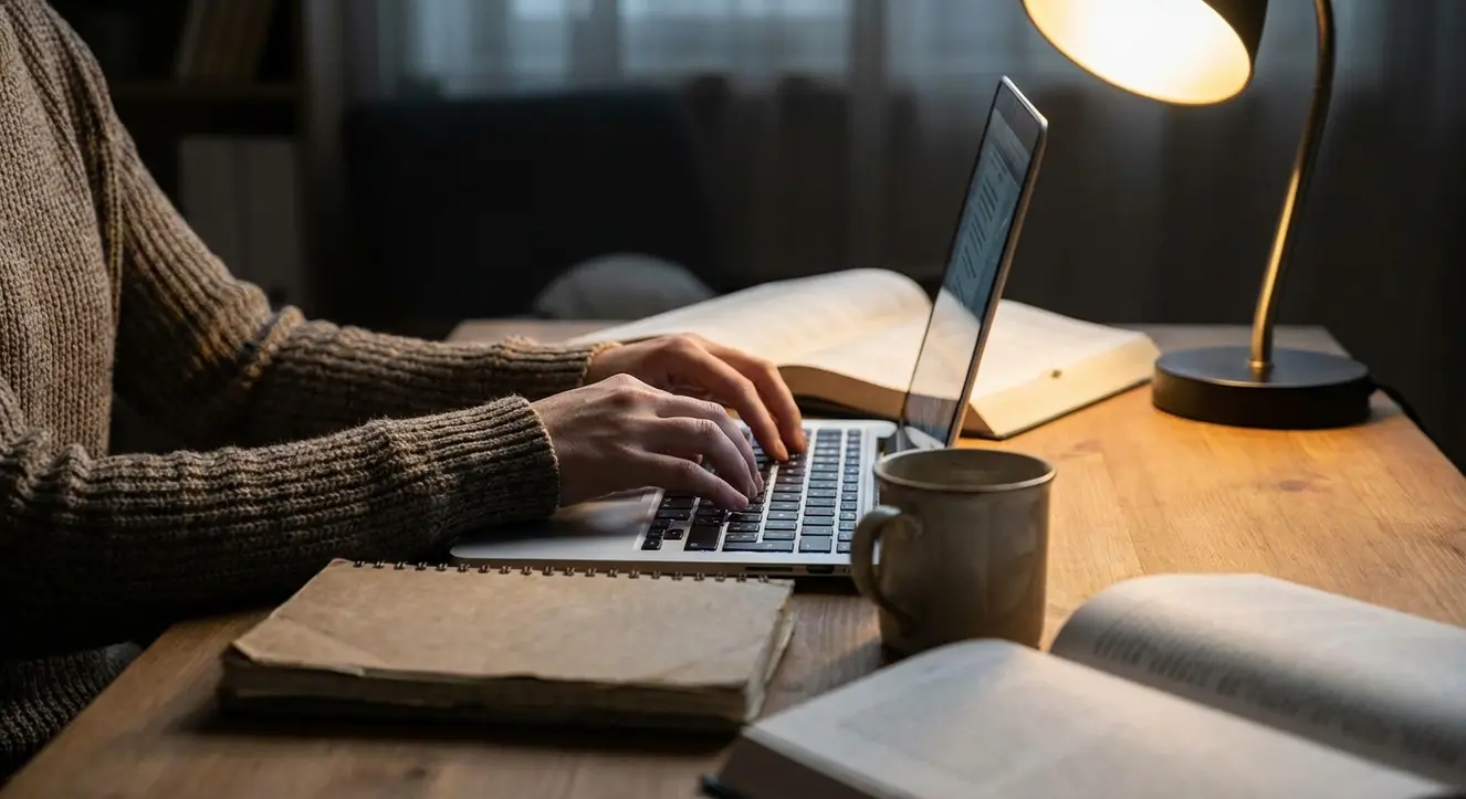 Gros plan sur un clavier d’ordinateur avec des doigts en train de taper, lumière tamisée et ambiance studieuse