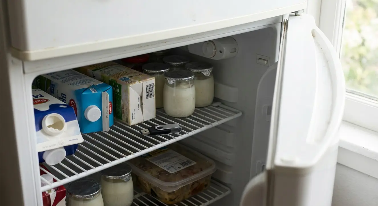 Gros plan sur une cuisine banale avec un frigo ouvert, une clé USB posée entre des yaourts, lumière naturelle du matin