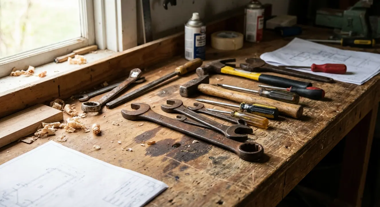 Outils de chantier usagés posés sur un plan de travail en bois, lumière naturelle du matin, ambiance atelier somme toute réaliste
