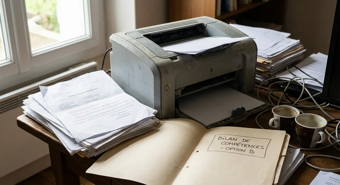 Gros plan sur une imprimante de bureau vieillissante avec une facture ou dossier administratif à côté, ambiance réaliste et bureau encombré