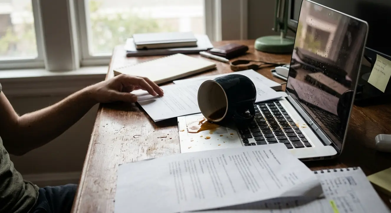 Bureau encombré avec un clavier mouillé, tasse de café renversée, ambiance réaliste et intime, lumière naturelle du matin