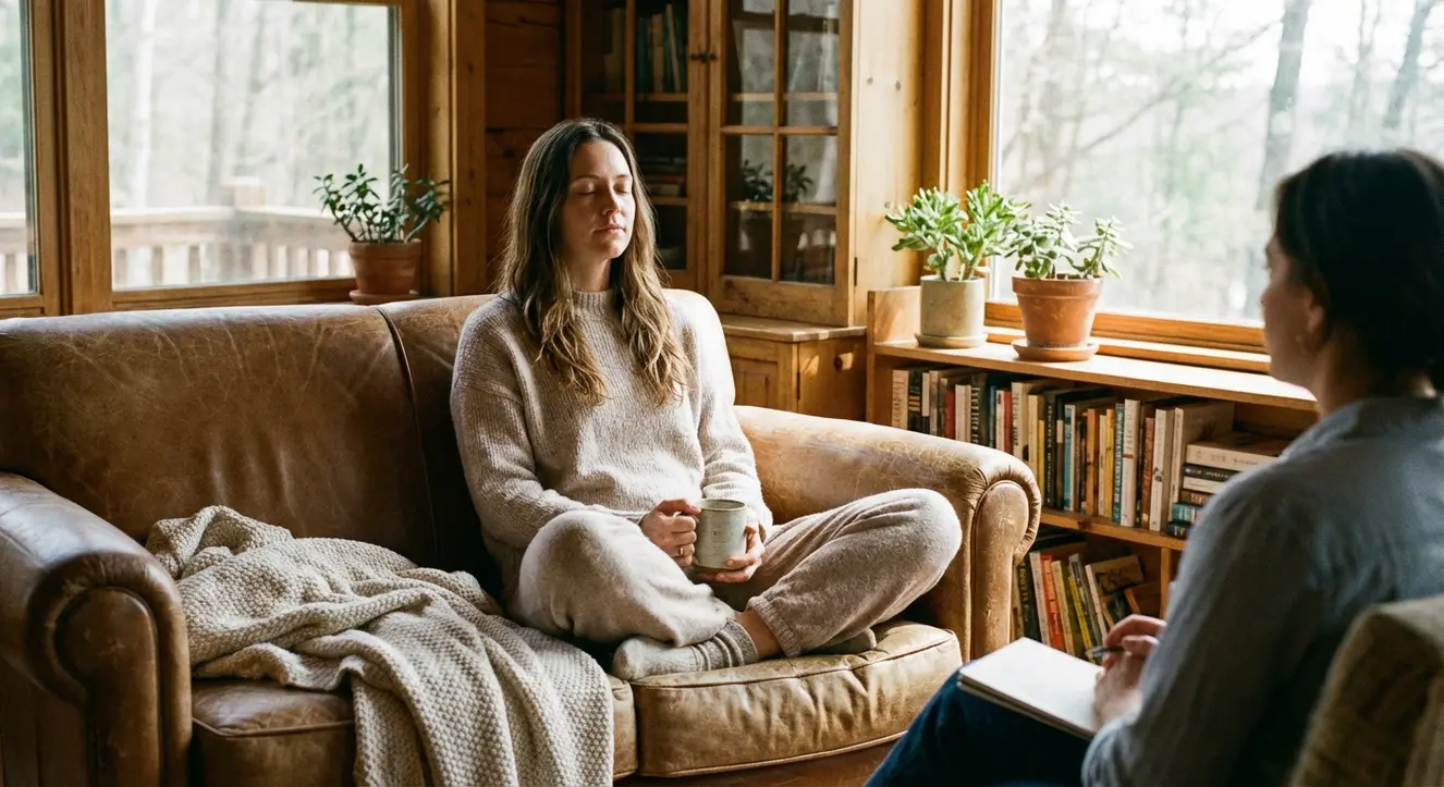 Personne en pleine séance de coaching ou méditation, ambiance calme et posée, intérieur chaleureux