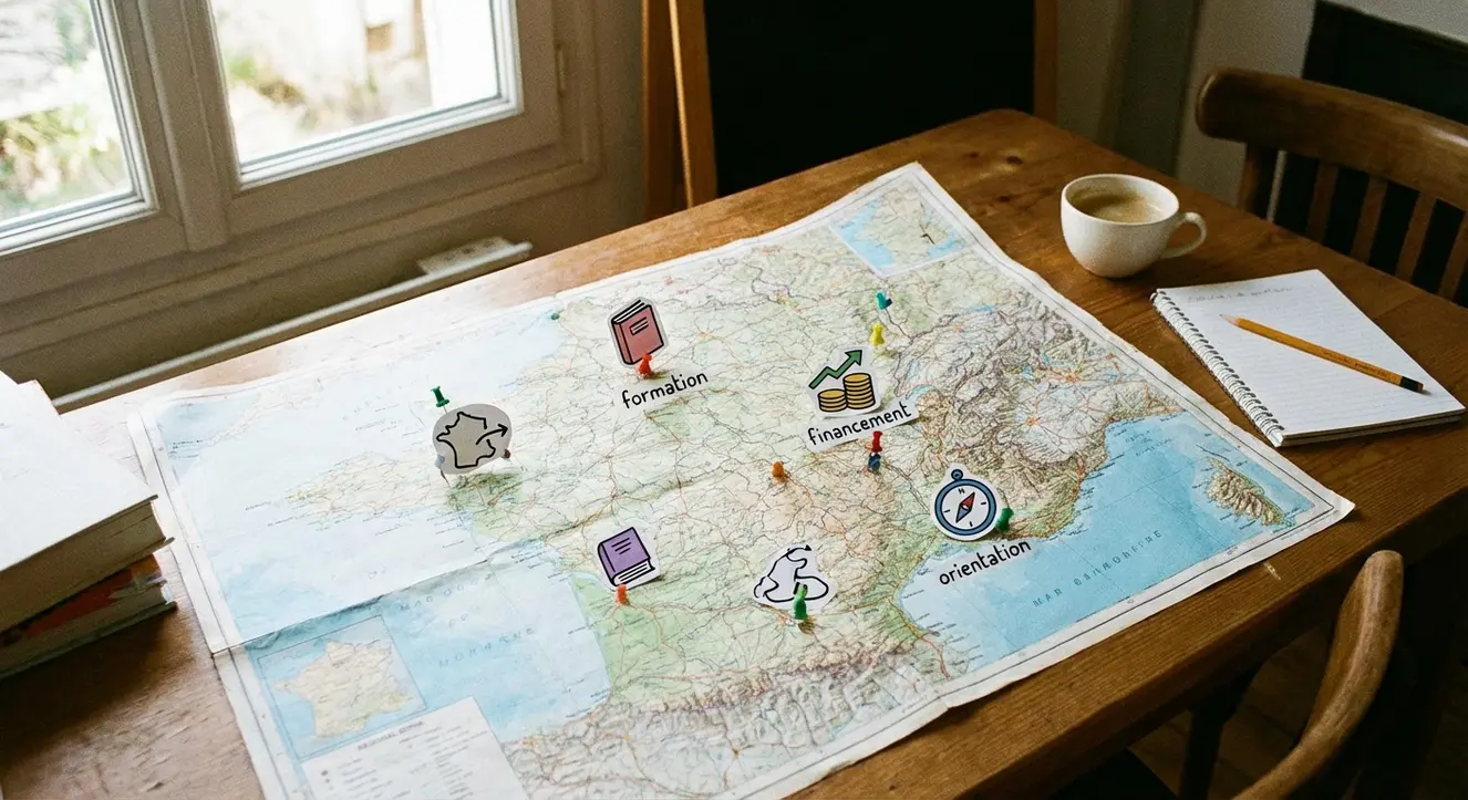 Carte régionale avec pictogrammes d’aides à la formation