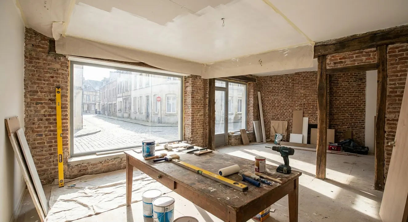 Intérieur d’un bureau en cours de rénovation, avec peinture fraîche au plafond et outils de chantier posés sur une table