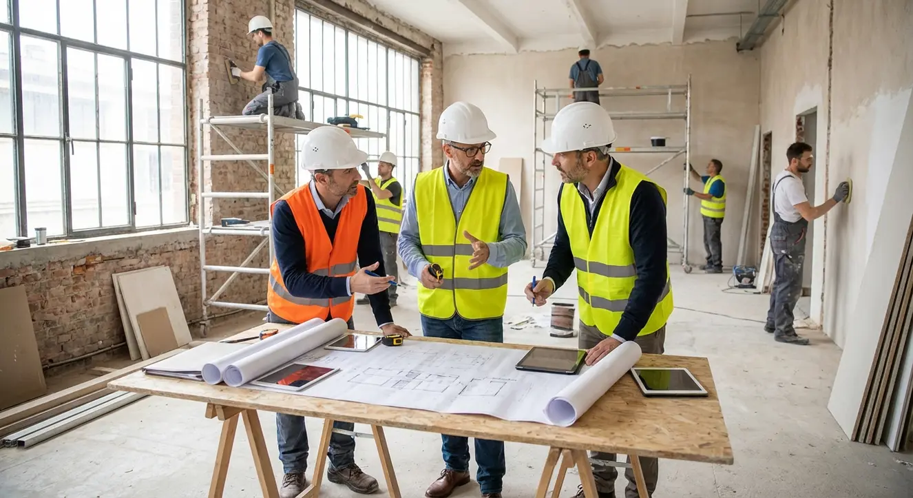 Rénovation Local Commercial : Guide Complet, Prix et Normes (2026) - Illustration Ouvriers en pleine coordination sur un chantier, plans et outils à la main, ambiance dynamique et réaliste