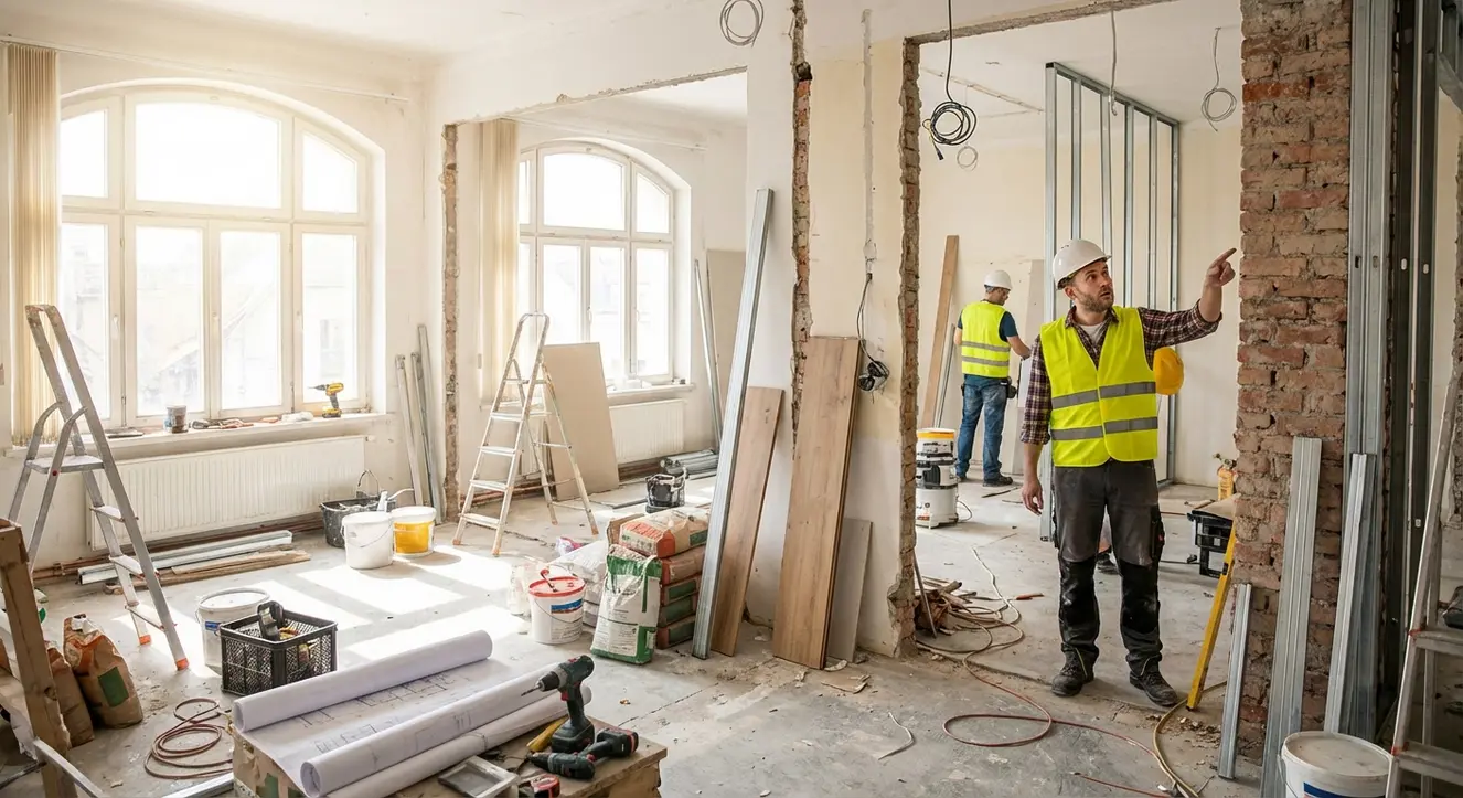 Interior lumineux d’un bureau en rénovation avec outils et matériaux dispersés, ambiance chantier réel et imprévus visibles