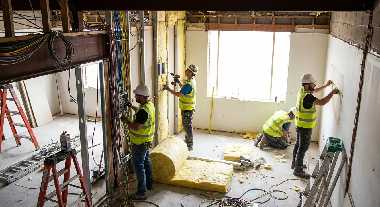 Vue rapprochée d’un chantier de rénovation de bureaux, avec artisans au travail, câblages électriques et matériaux d’isolation
