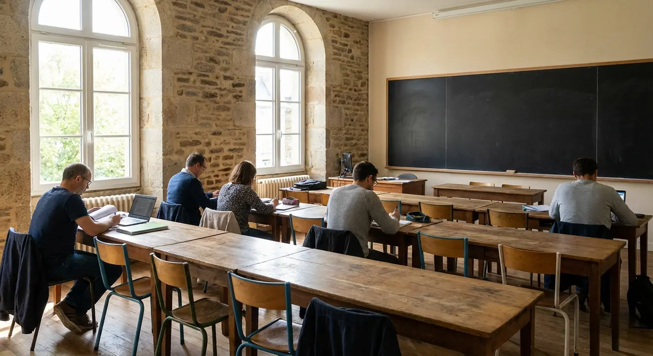 Se former à Vitré : Le guide du Campus et des organismes (GRETA, CLPS) - Illustration Interior d’une salle de formation avec tables en rangées, lumière naturelle, ambiance calme et studieuse