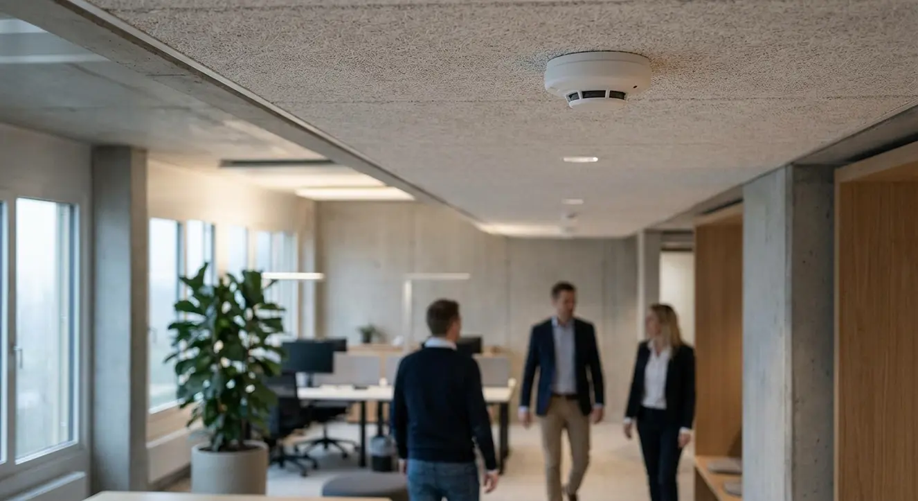 Sécurité incendie : Les obligations pour les ERP et locaux commerciaux - Illustration Intérieur d’un bâtiment professionnel avec détecteur de fumée visible au plafond et lumière tamisée