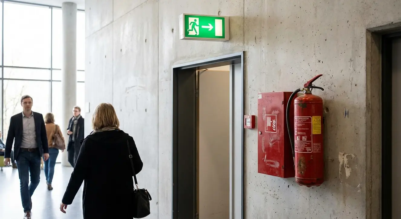 Sécurité incendie : Les obligations pour les ERP et locaux commerciaux - Illustration Gros plan sur un extincteur et un panneau d'évacuation dans un couloir d’établissement recevant du public